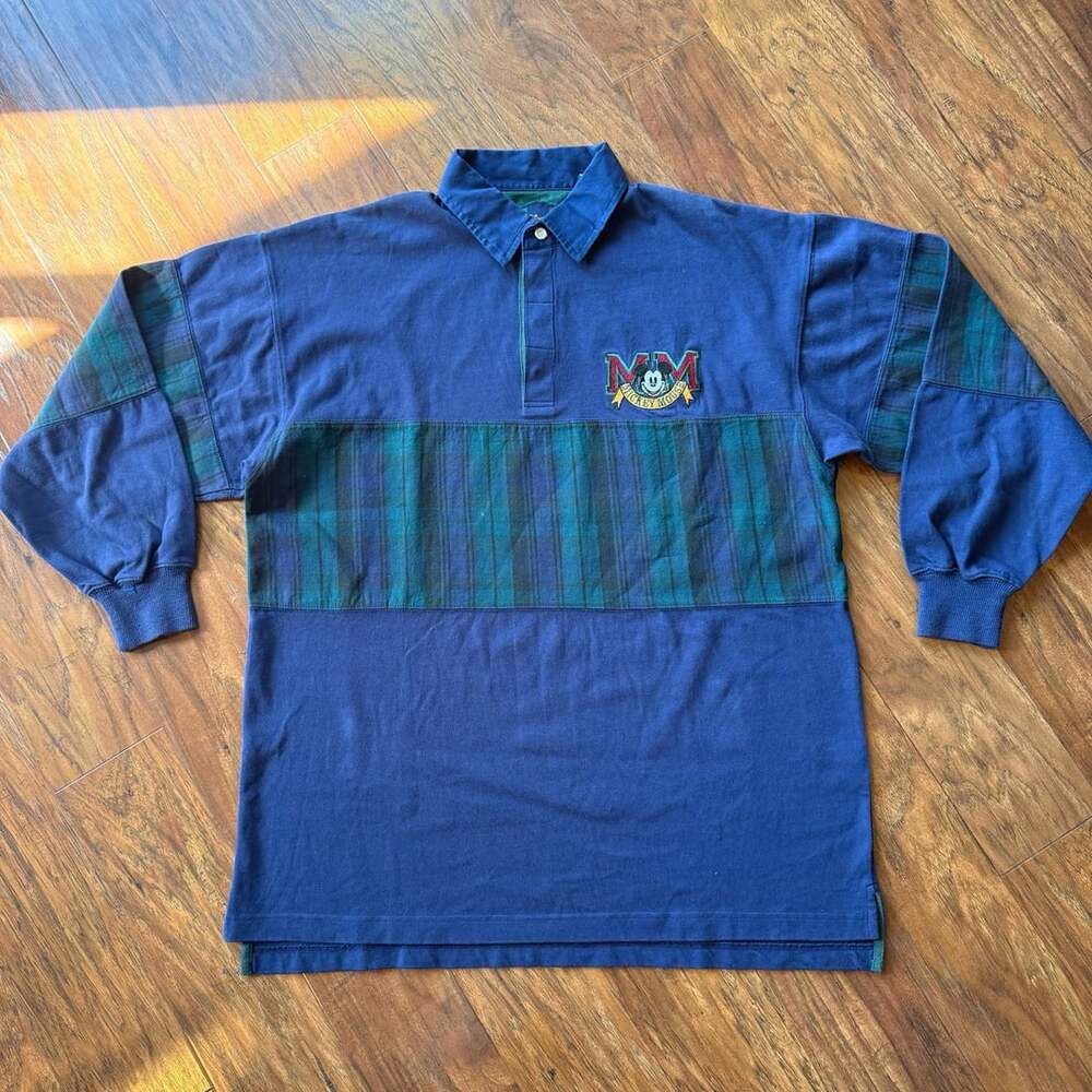 Disney Vintage Mickey Mouse Long Sleeve Rugby Polo Shirt Blue Plaid Size Large